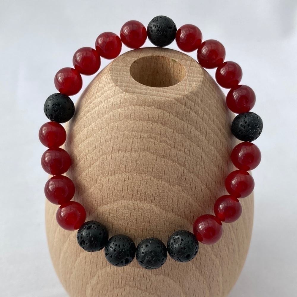 Crimson Red Jade & Lava Stone Stretch Bracelet